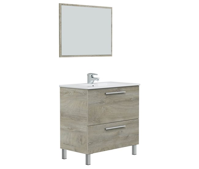 Mueble baño Luis 1 cajón 1 puerta, espejo y lavabo, Alaska Madera