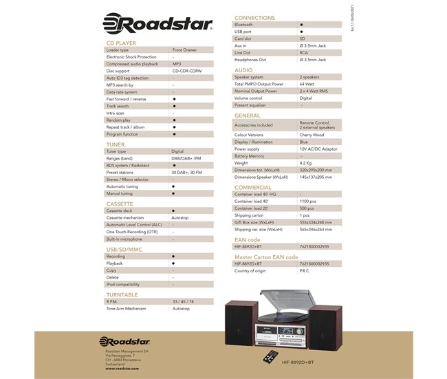 Microcadena Roadstar HIF-8892D+BT Madera