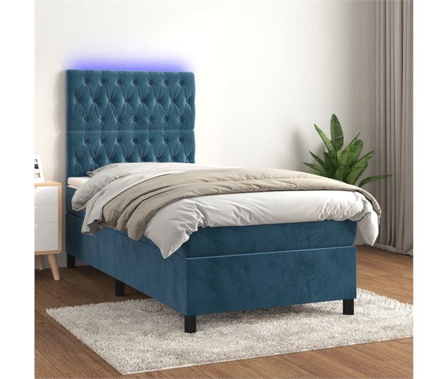 Cama box spring colchón y LED terciopelo - Diseño de botones 80x200 Azul