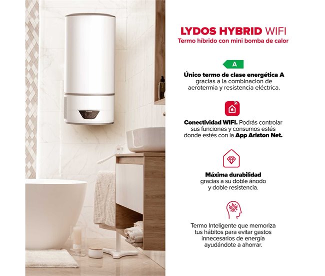 Termo eléctrico Ariston, Lydos Hybrid Wifi 80L+Depósito+Colgador Blanco Lacado