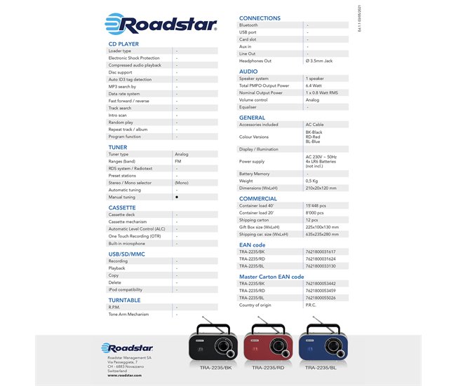 Radio portátil Roadstar TRA-2235RD Rojo