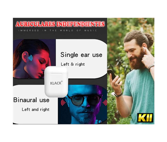 Auriculares Inalámbricos Bluetooth con Micrófono y Caja de Carga - I11  KLACK, Intraurales, Bluetooth, Blanco