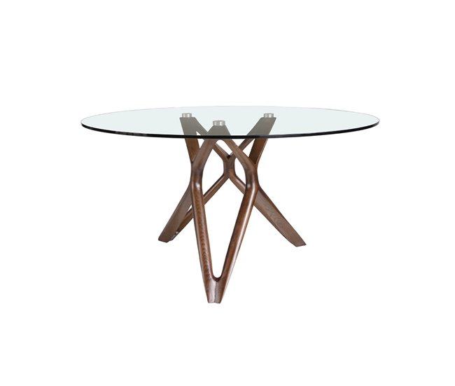 Mesa comedor redonda en cristal y madera Transparente