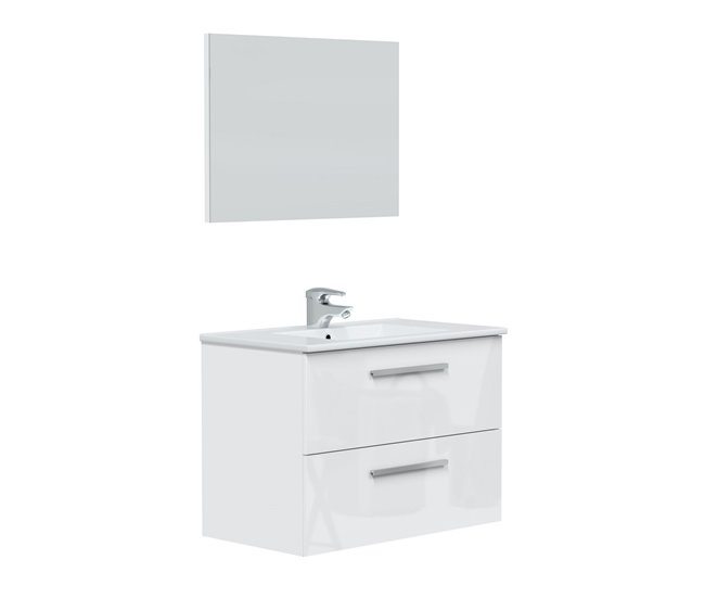 Mueble baño suspendido Axel 2 cajones, espejo y lavabo, Blanco brillo Blanco