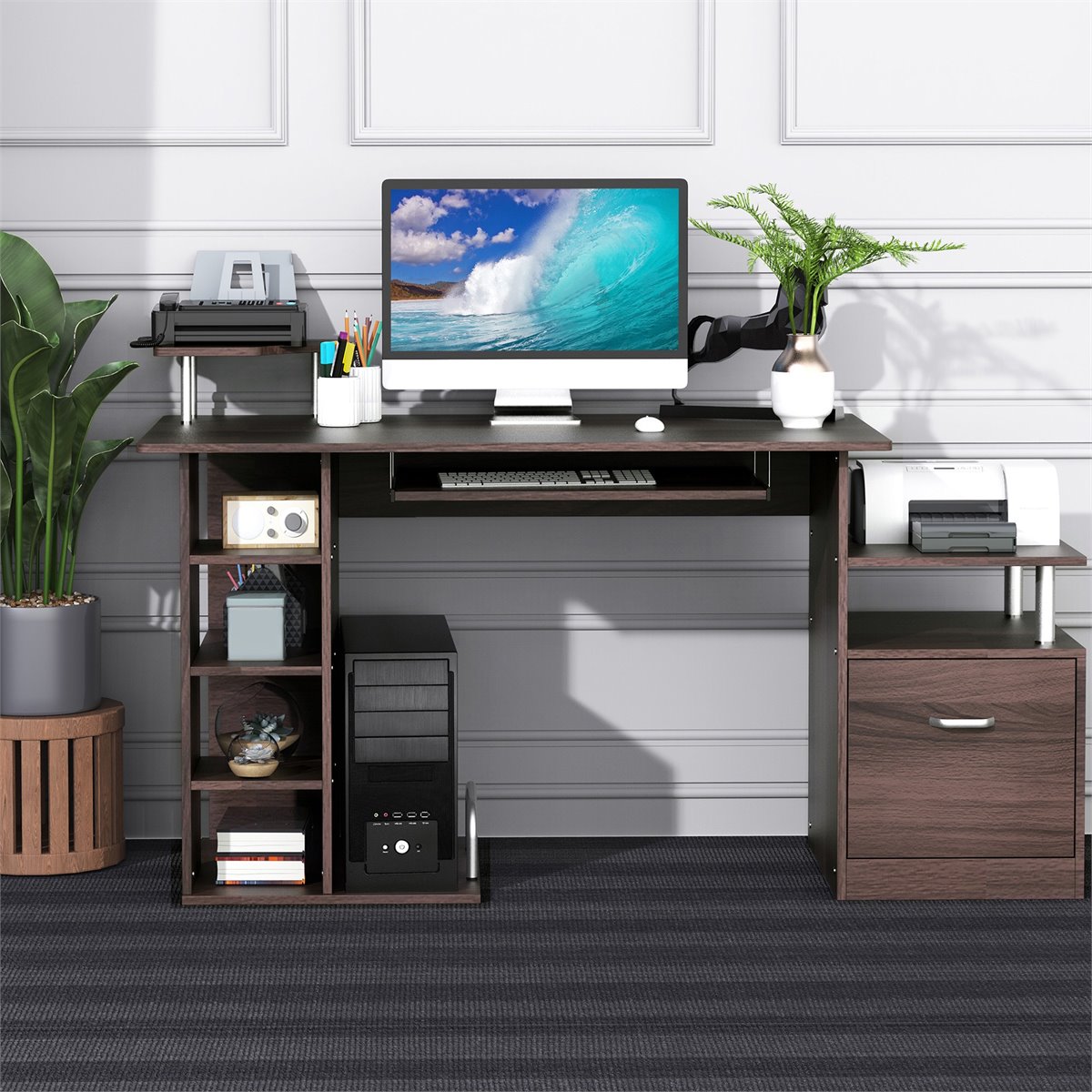 Mesa de Ordenador PC 120 cm Mesa Escritorio de Oficina con Múltiples  Estantes Cajón Bandeja de Teclado Soportes para Monitor Impresora 152x60x88  cm