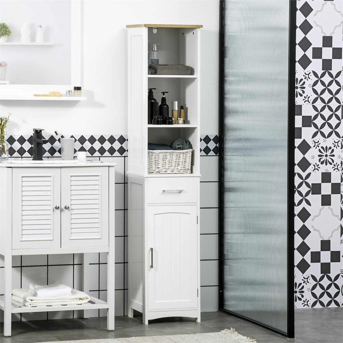 Iwell Armario de pared de baño con espejo, botiquín con 2 estantes  ajustables y 6 estantes abiertos, armario de baño montado en la pared,  color blanco