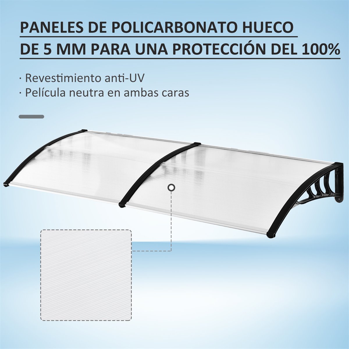 Outsunny Tejadillo de Protección contra Sol y Lluvia para Puertas Ventanas  Marquesina de Techo Diseño Moderno Aleación de Aluminio Duradero  90x295x23,5 cm Transparente - Conforama