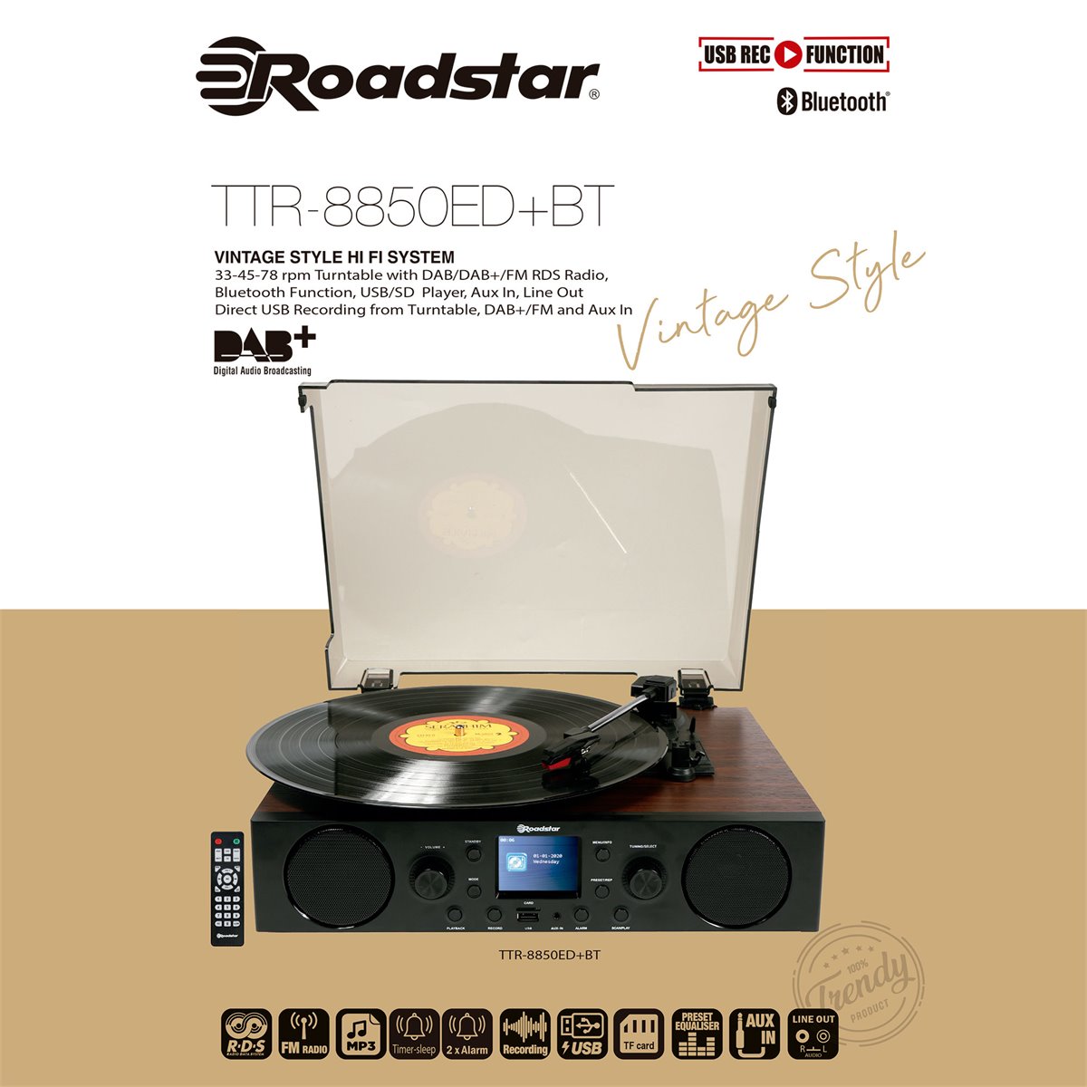 Roadstar TT-260SPK Tocadiscos de Vinilo, 3 velocidades 33/45/78 RPM,  Altavoces Integrados, Salida Audio RCA, AUX IN, Autoparada, Estilo Vintage,  Madera