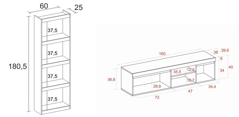 Set NATURALE - Conjunto de Salón - Comedor - Oficina - Mueble Modular - Mueble  Tv 160cm - Estantería / Librería color Roble/Negro - Estilo Moderno