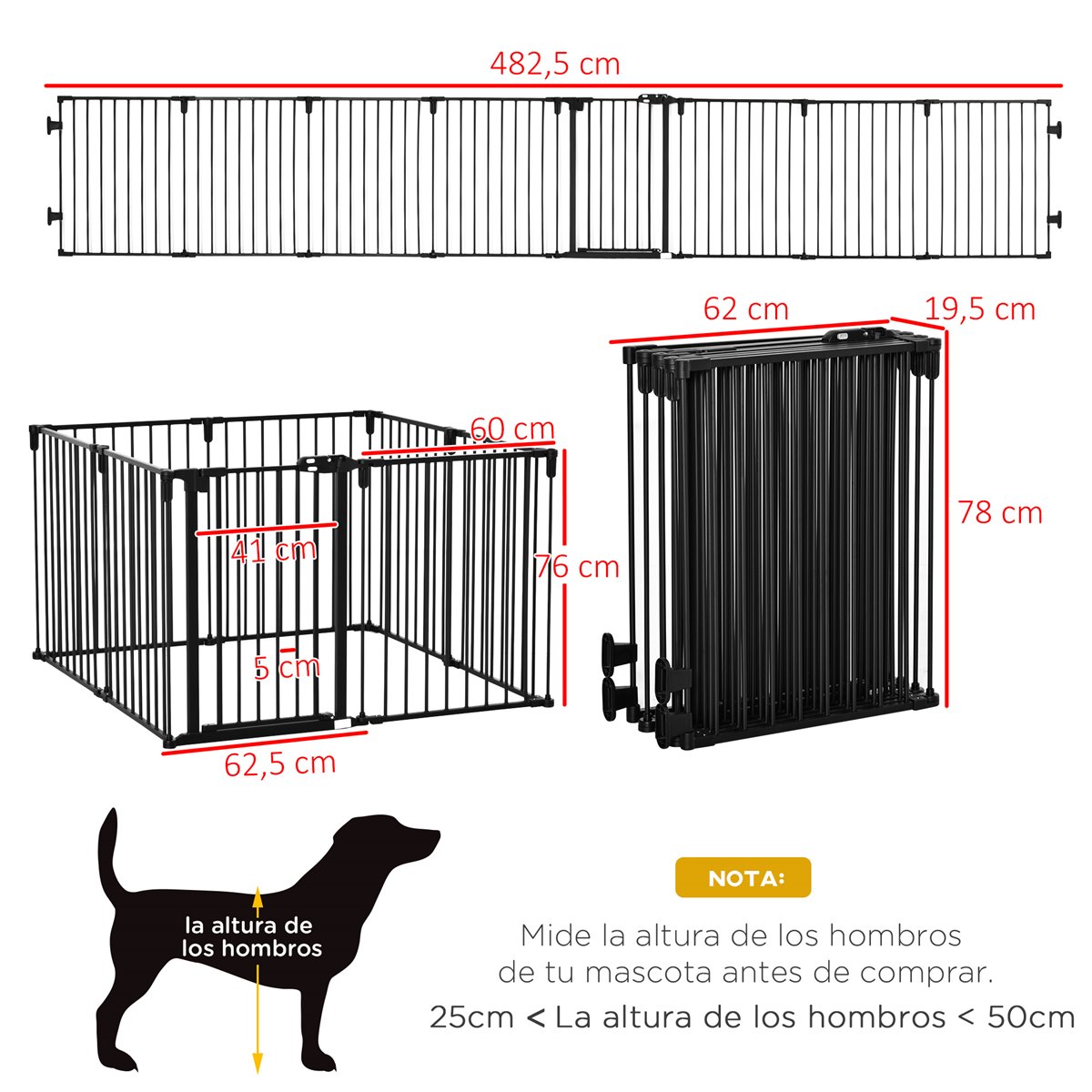 Parque para perros plegable 8 vallas PawHut 62x19.5x78 cm negro