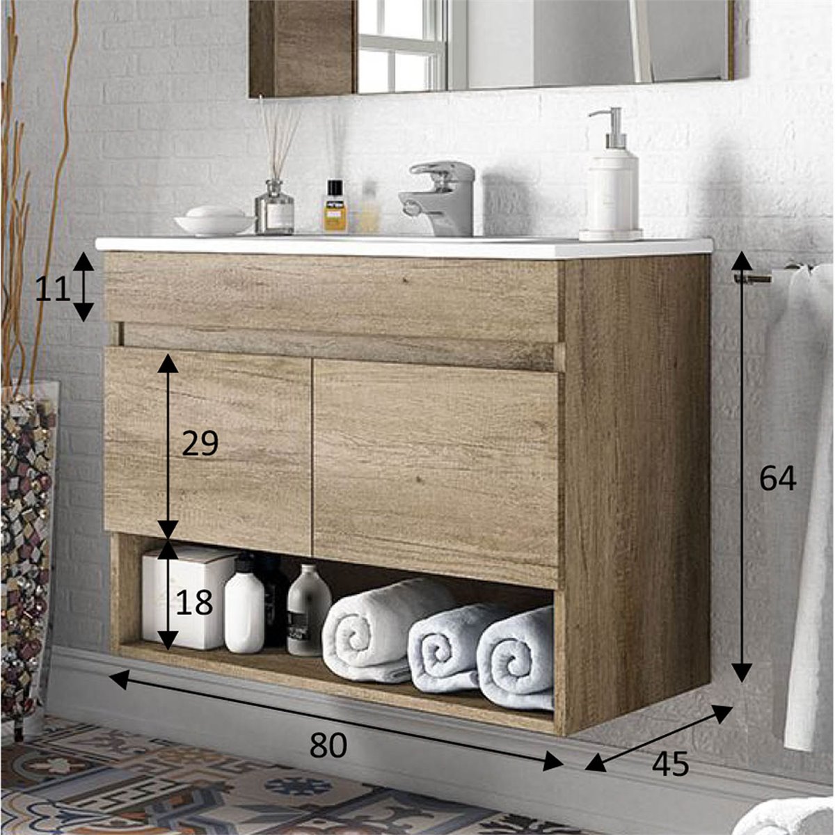 AIR Mueble de baño de 80 cm de ancho con 2 cajones y espejo. Lavabo no  incluido.