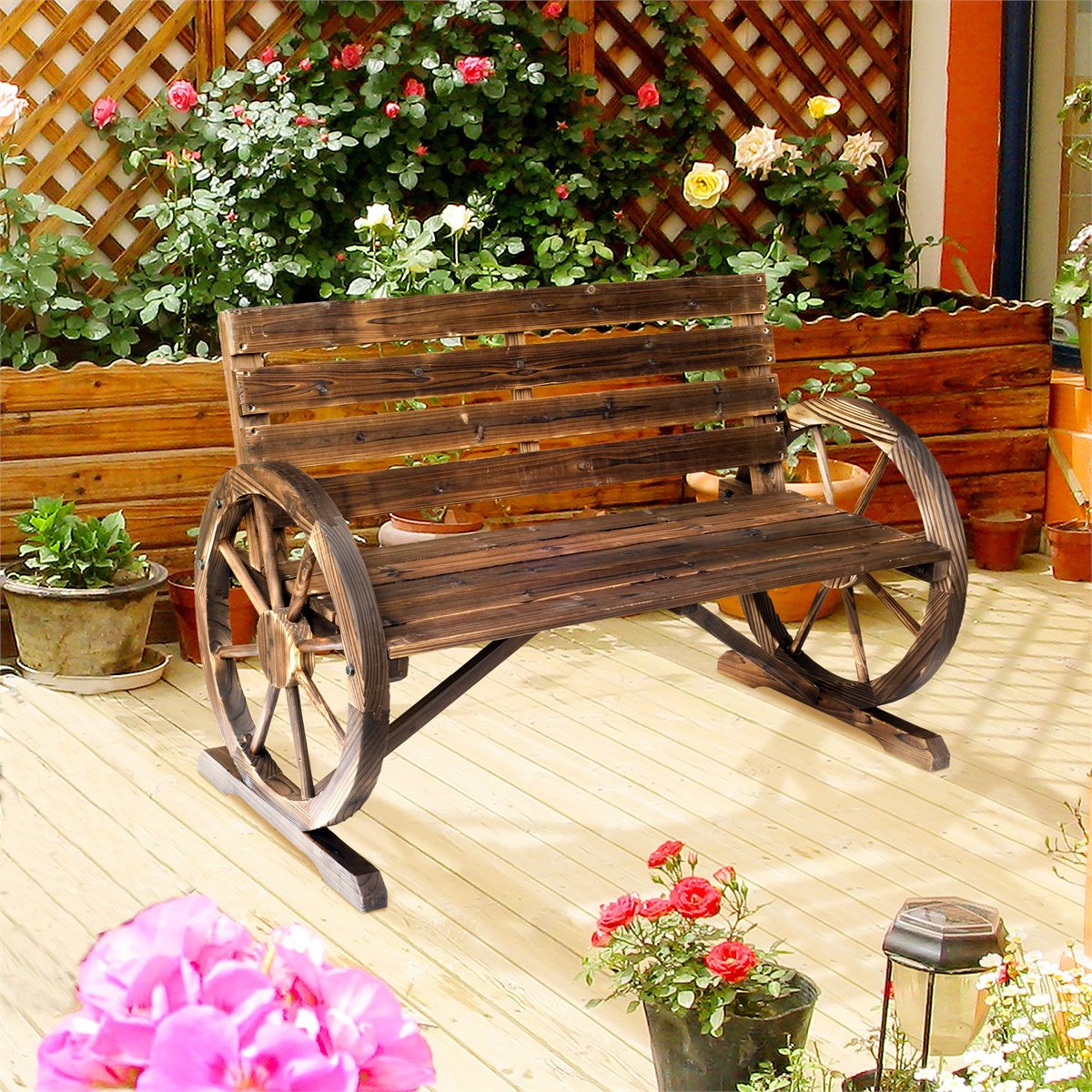 Banco de jardín, banco de jardín de madera con respaldo y reposabrazos,  banco de patio para 2 personas, resistente a la intemperie, diseño rústico  de