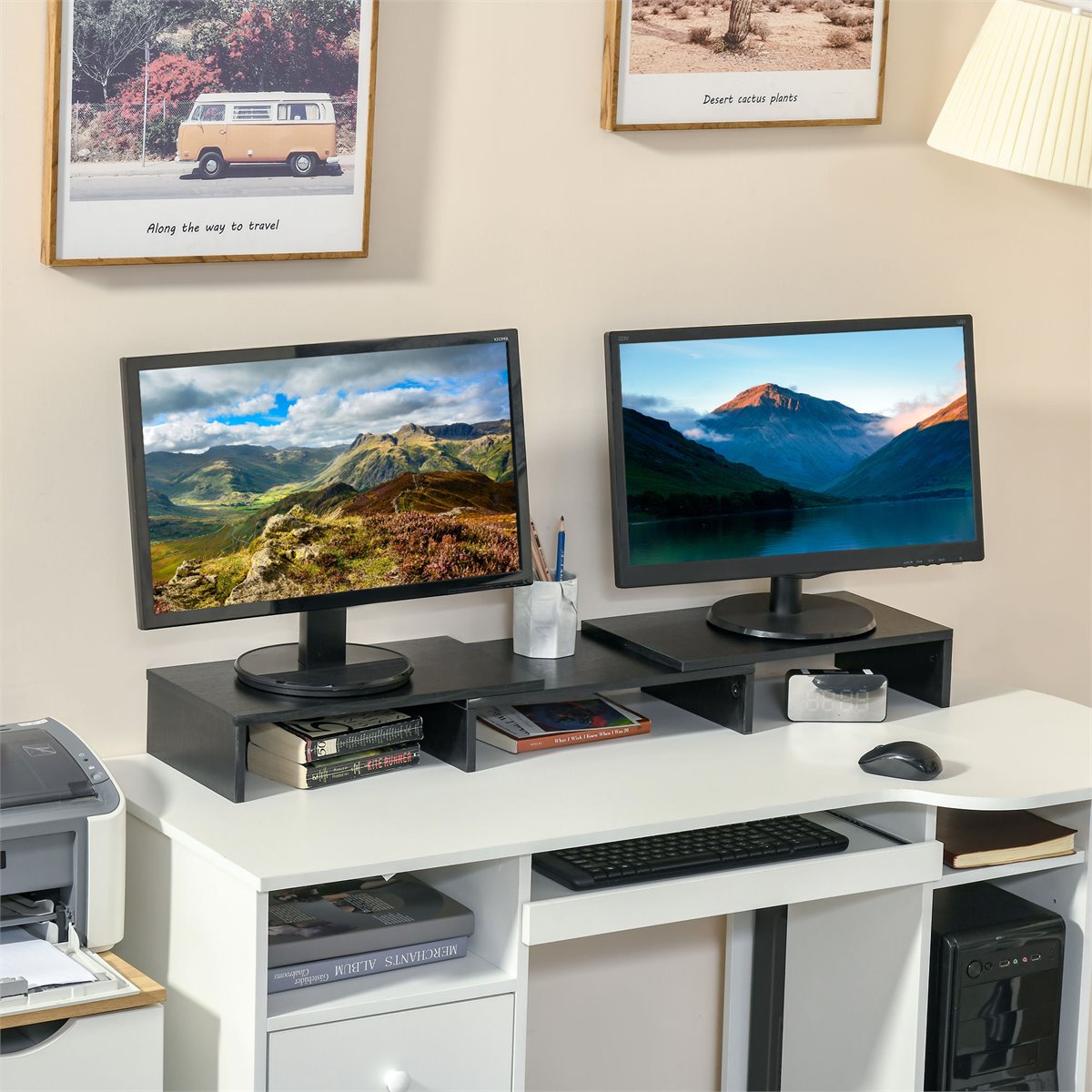 FITUEYES - Soporte doble para monitor – Elevador de monitor de computadora  de 3 estantes, soporte de escritorio de madera con longitud y ángulo