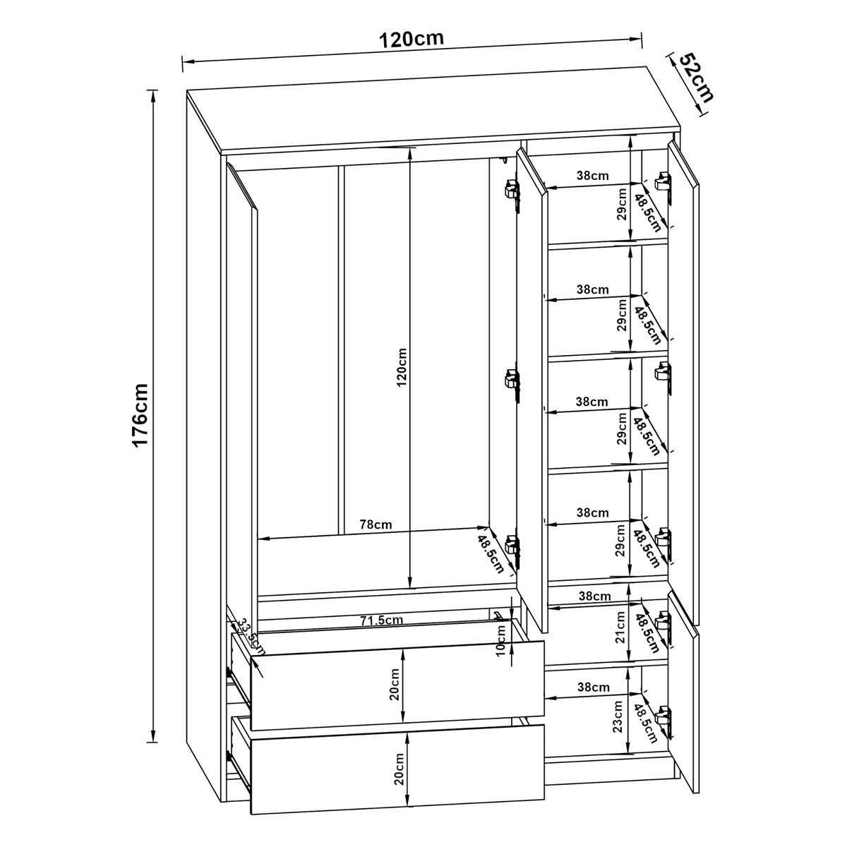 Armario Ropero Bastheim (4 puertas, 1 barra, 6 compartimentos, 2 cajones)  MDF 176 x 120 x