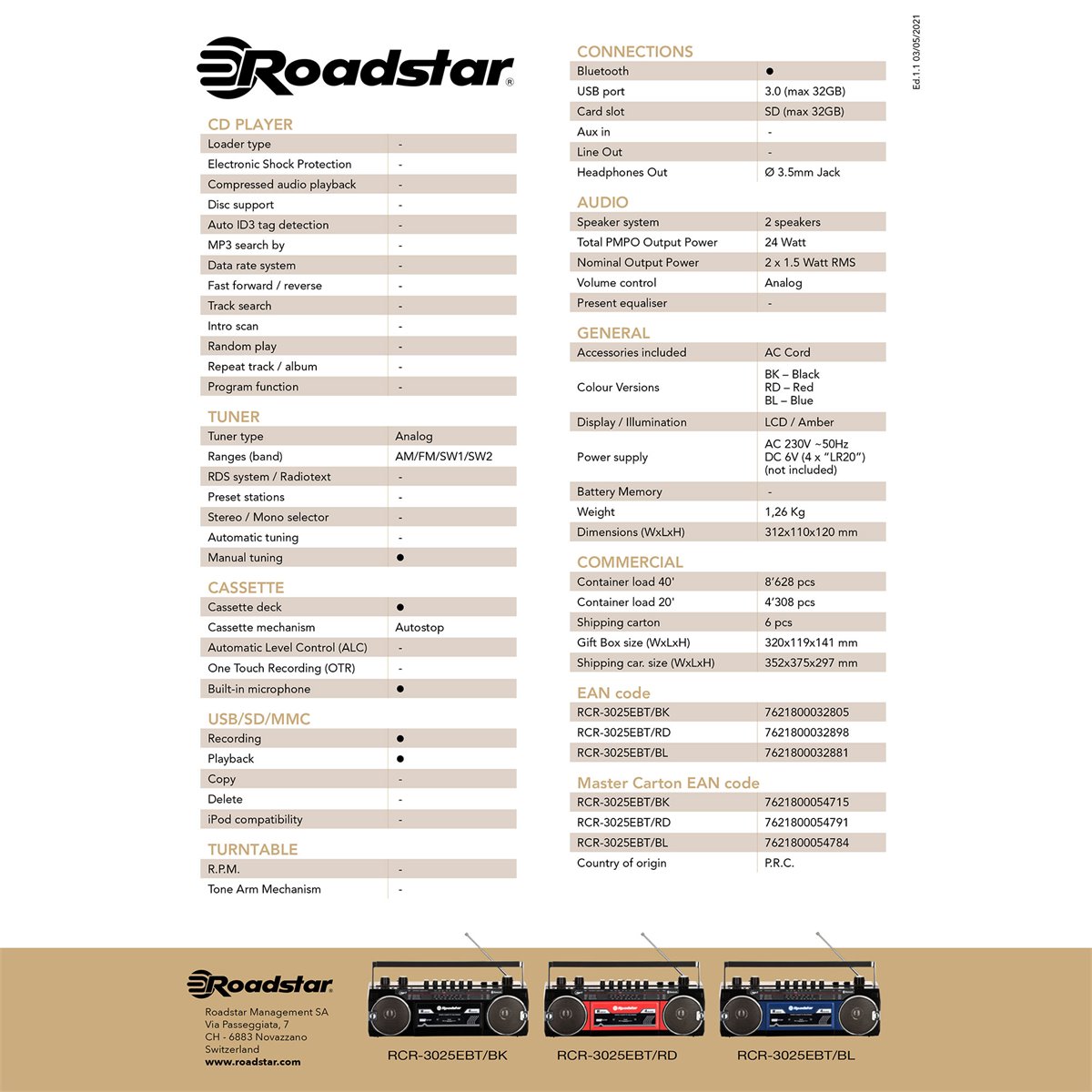 Roadstar RCR-3025EBT/BK Radio Cassette Vintage Años 80 Portátil