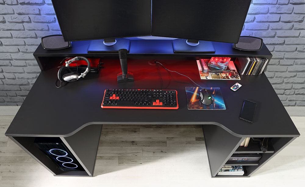 Pack Muebles Gaming con LED Incluido Color Negro Estilo Moderno (Mesa Gamer  + 2 estanterías)