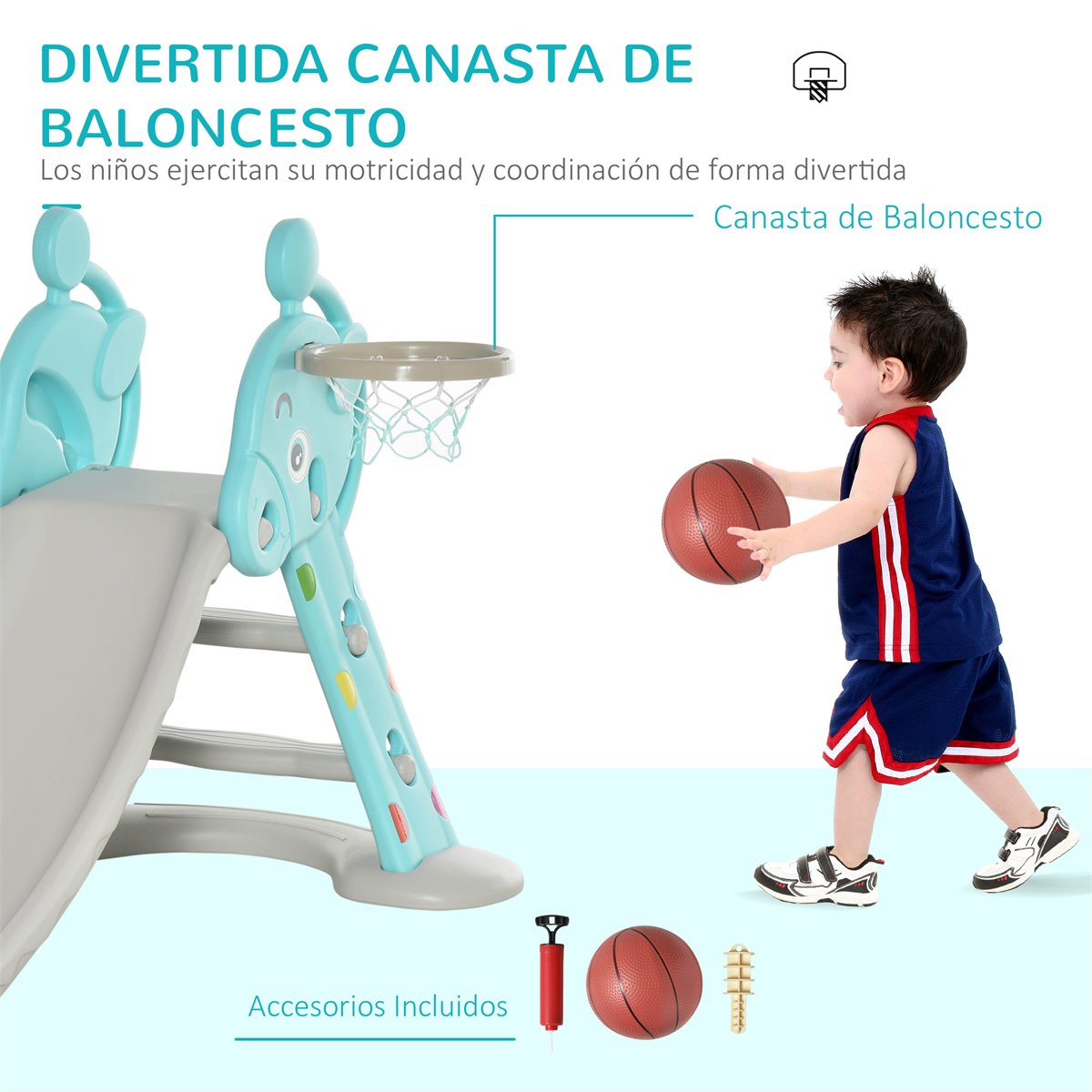 HOMCOM Tobogán Infantil Plegable con Canasta de Baloncesto para Niños +18  Meses Modelo Ovni para Interiores y Exteriores 140x87x75 cm Azul y Gris
