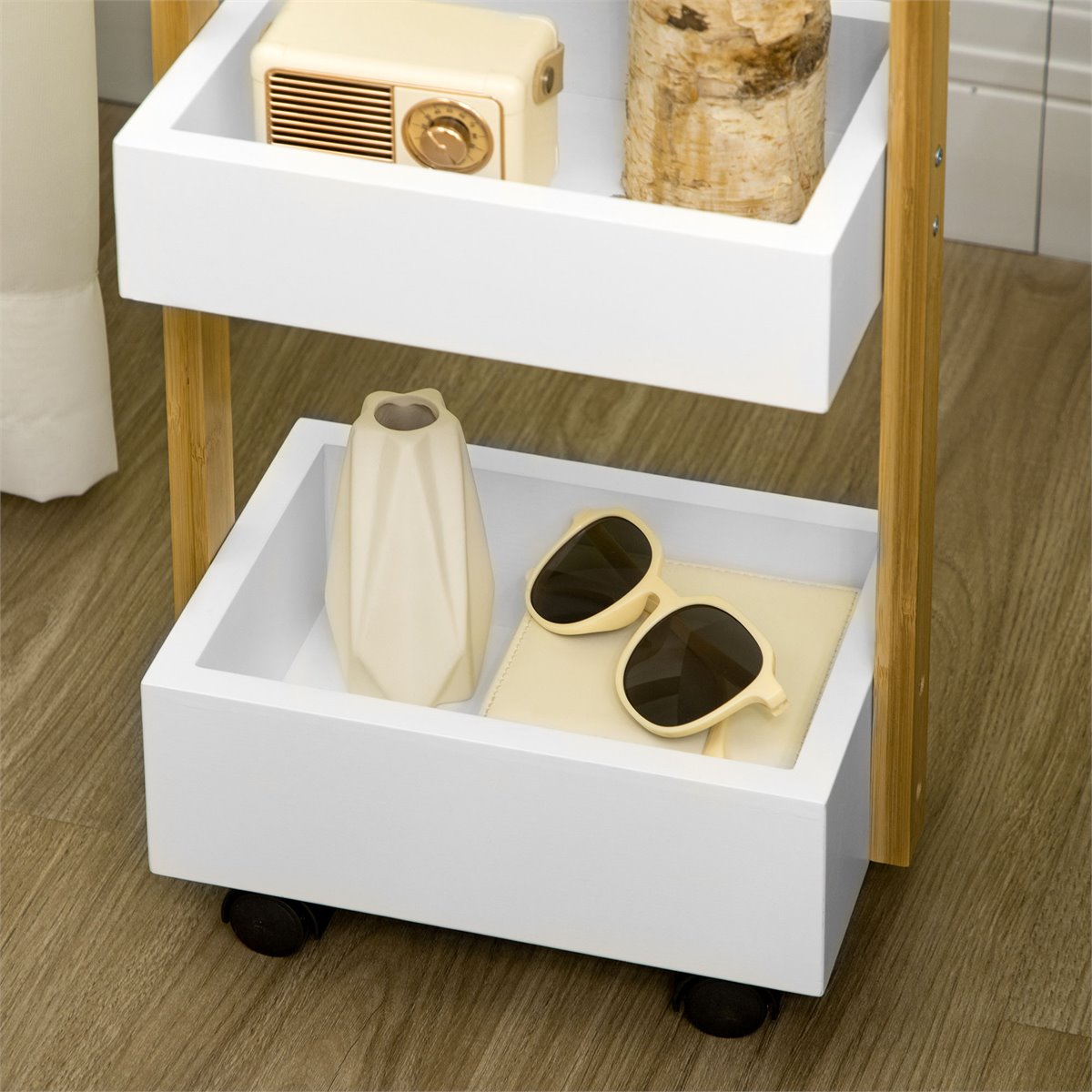 kleankin Armario Auxiliar de Baño Carrito de Almacenaje de 3 Estantes con  Ruedas y Manija Lateral para Espacios Estrechos Cocina Dormitorio  50x13x67,5 cm Blanco