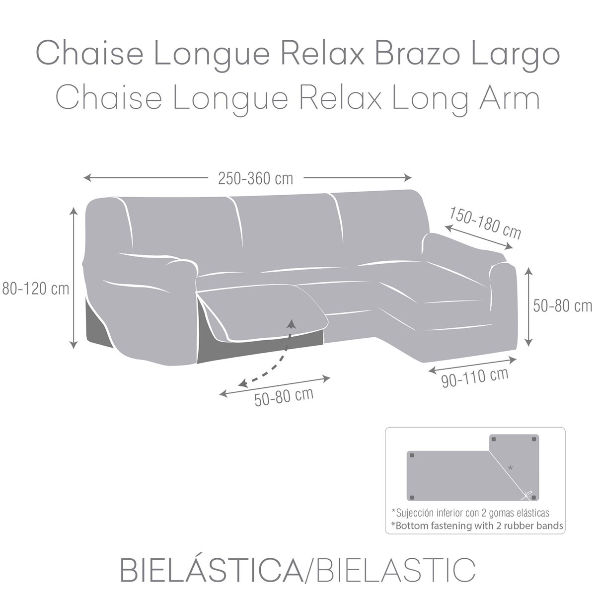Funda Sofá Relax Bielastica Adaptable Chaise Longue Brazo Largo (250-360  cm) Gris Claro - Conforama