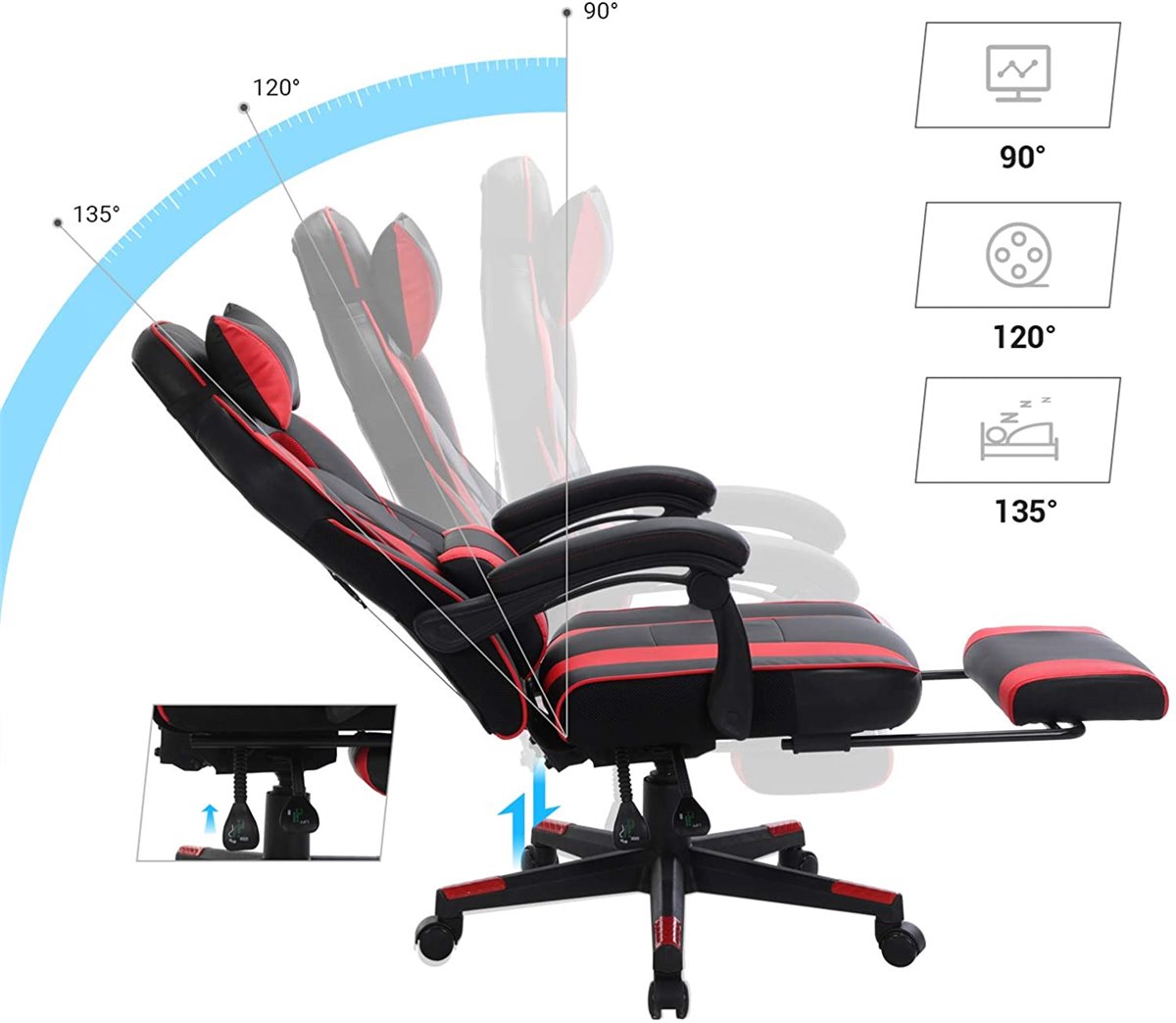 Silla gaming ergonómica de cuero sintético, negro y rojo, silla de oficina  giratoria con ruedas, altura e inclinación ajustables