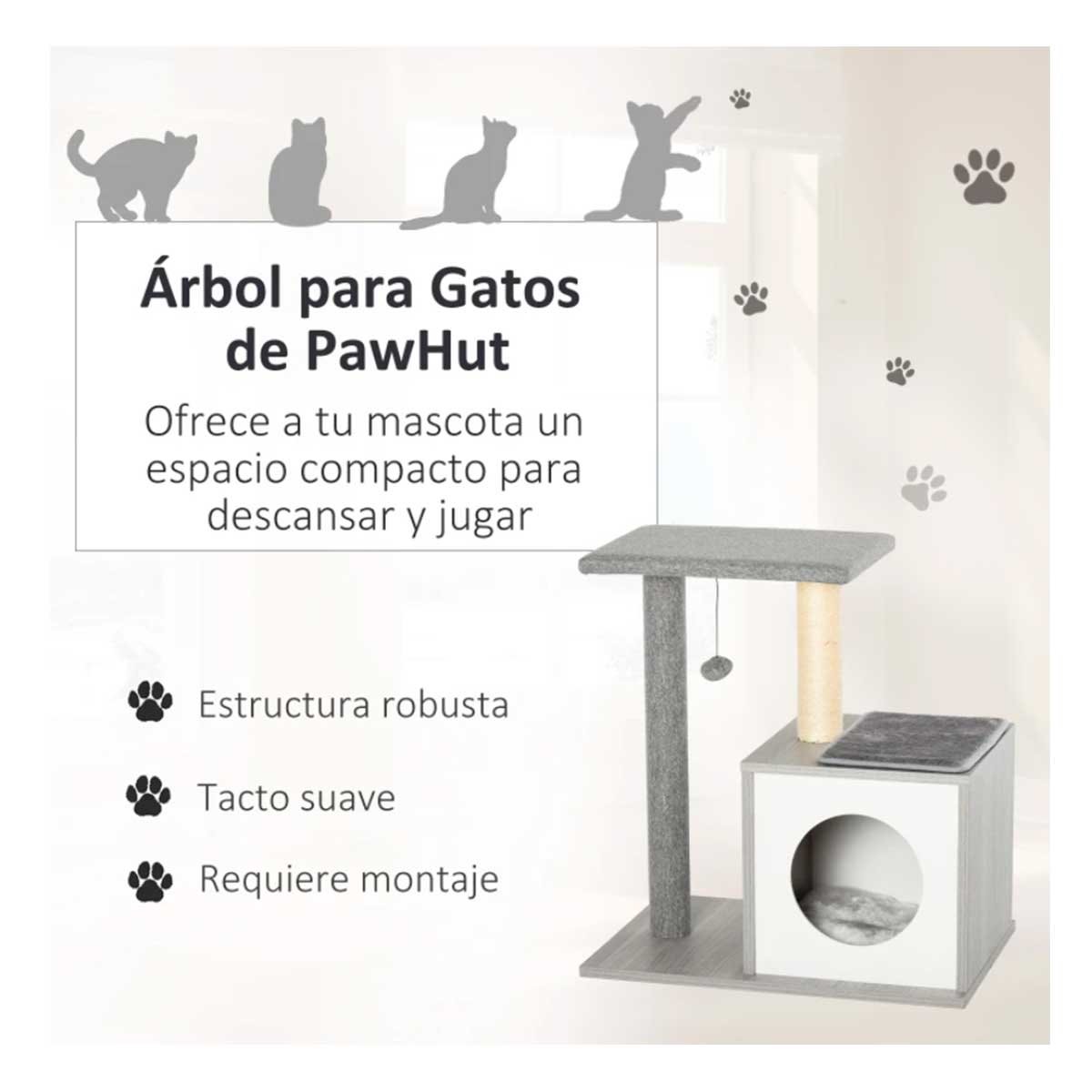 PawHut Árbol para Gatos Rascador de Gatos con 3 niveles y Cuerda
