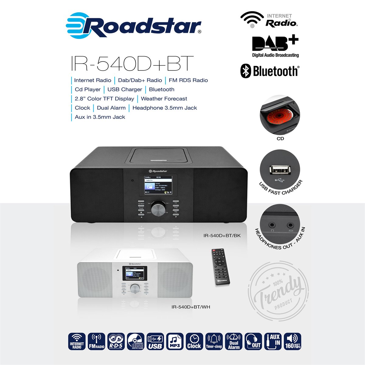 Roadstar HRA-270CD-MP3CD+BT Radio CD Portátil Vintage Digital DAB/DAB+/FM Reproductor  CD-MP3 Bluetooth USB, Mando Distancia, , Madera - Conforama