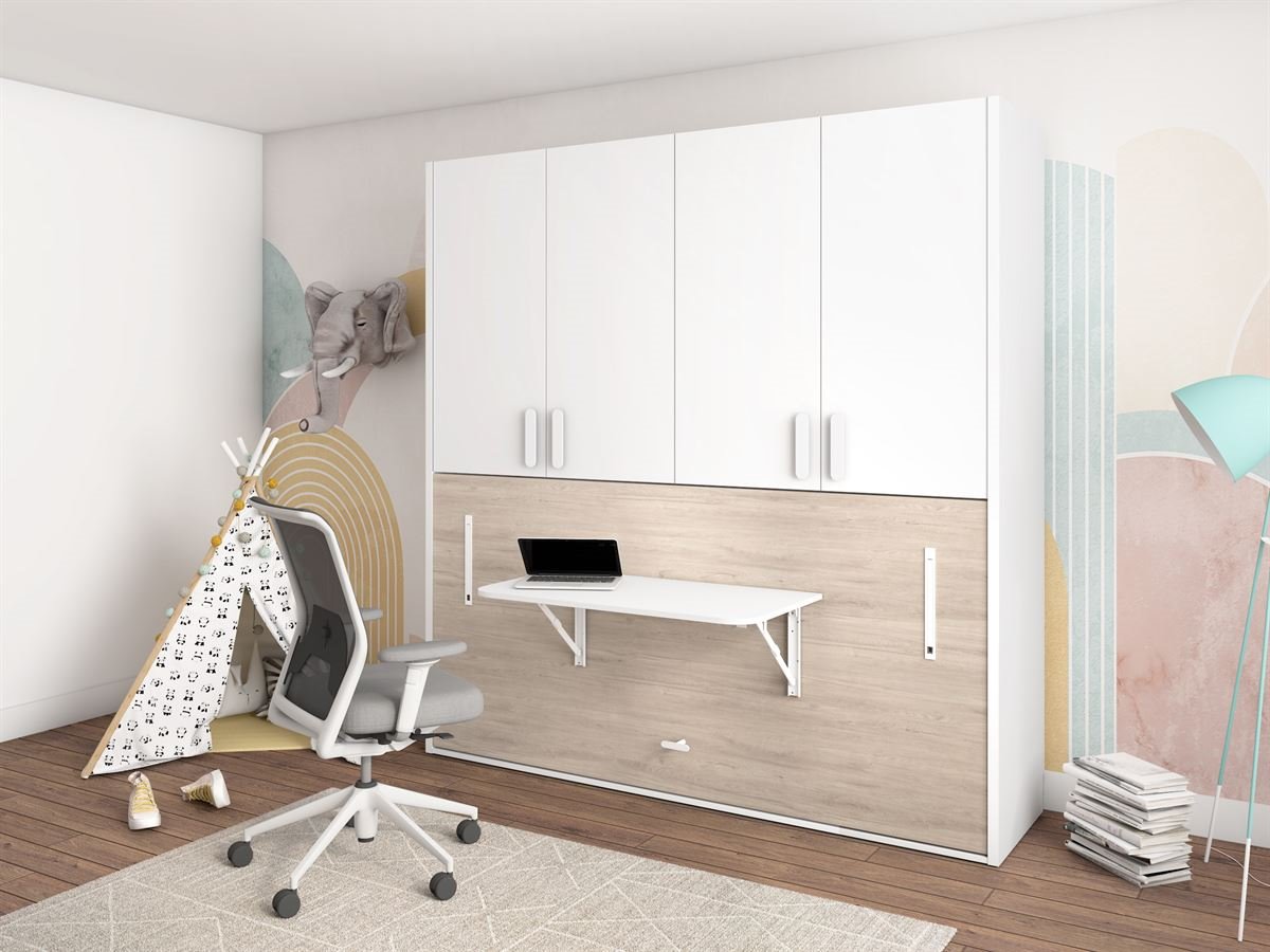 Cama Abatible vertical con escritorio integrado y estantes interiores  Colores Madera Wallbed Antracita Dimensiones 90x190