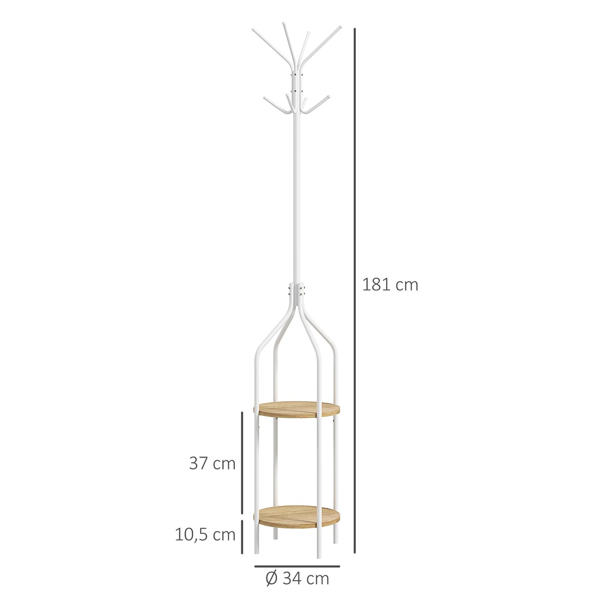 HOMCOM Perchero de Pie de Madera Perchero de Árbol con 6 Ganchos para Ropas  Bolsas y Marco de Metal para Salón Entrada Dormitorio 35x35x174 cm Blanco -  Conforama