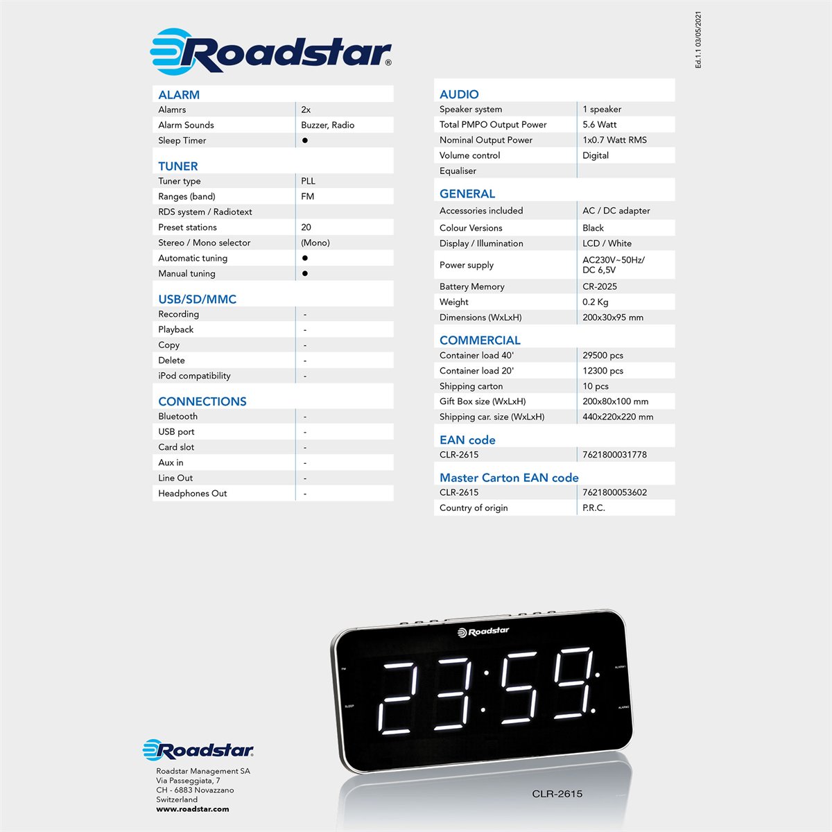 Roadstar CLR-700QI Radio Reloj Despertador PLL FM, Cargador Inalámbrico de  Móvil Smartphone con Tecnología QI