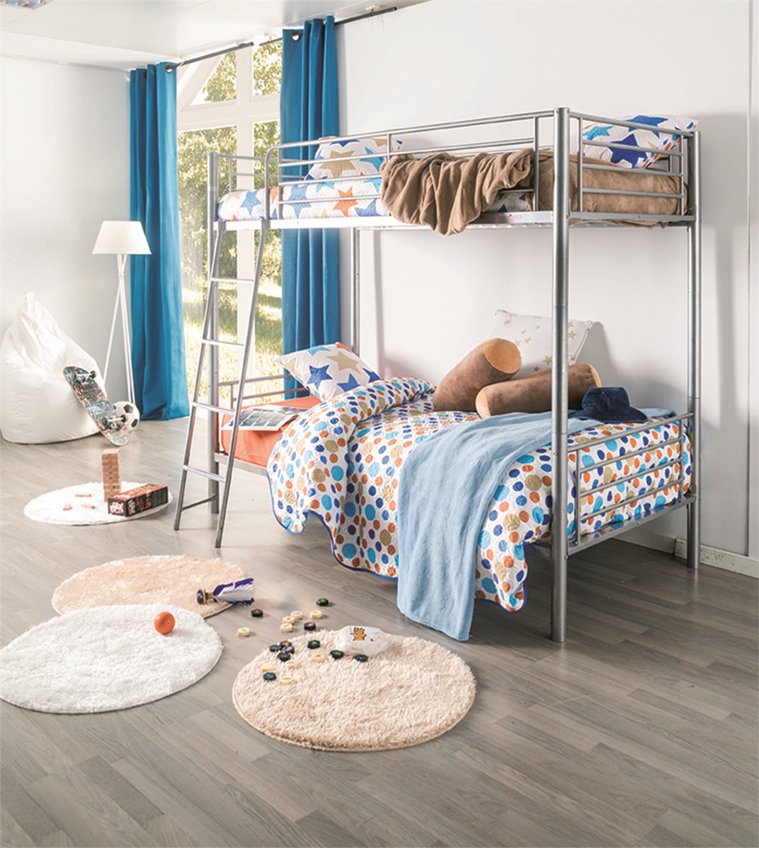 Cama casita con barandilla + cama elevable madera blanco 90x190cm