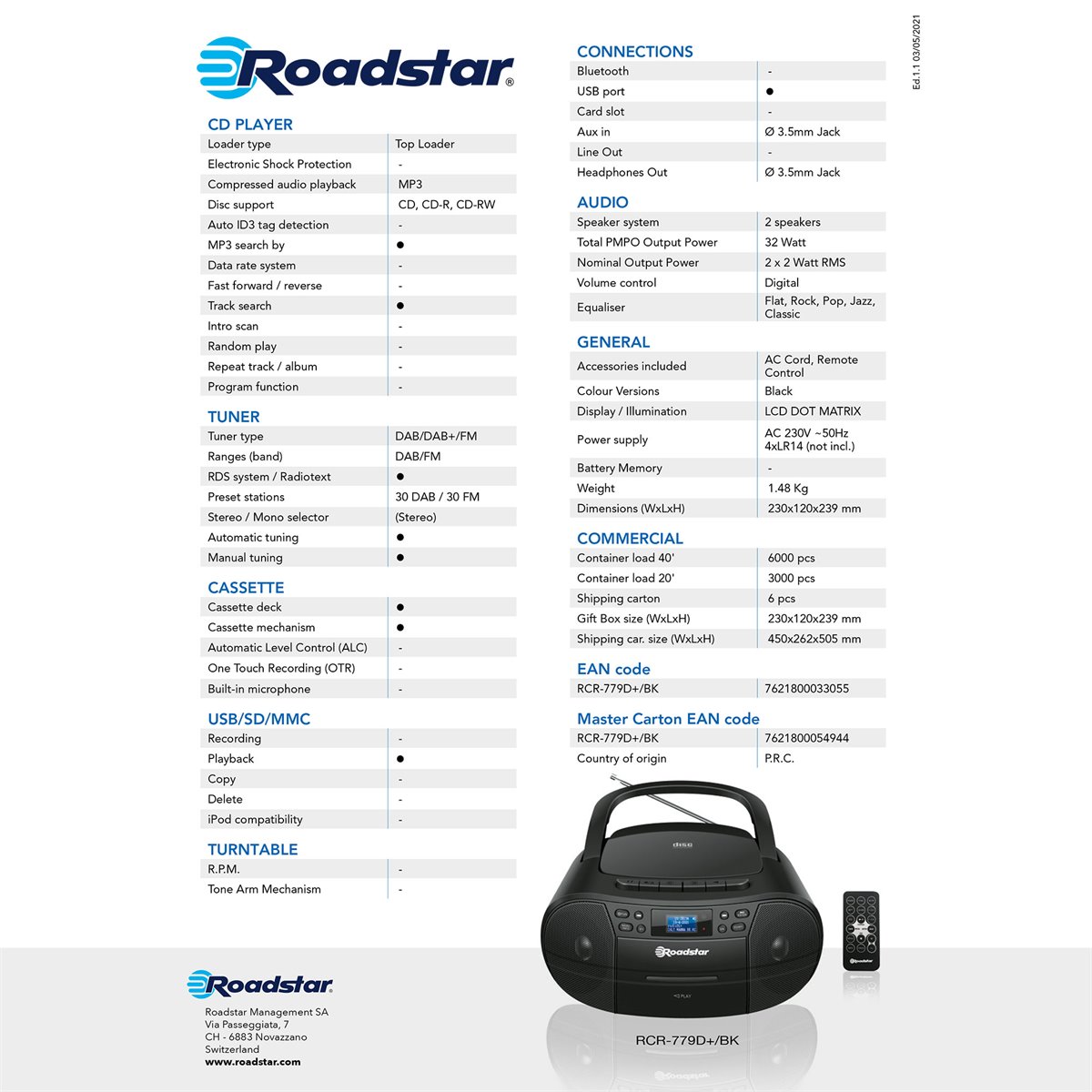 Roadstar RCR-4635UMP/BK Radio CD Portátil Cassette, Radio Digital PLL FM,  Boombox Reproductor CD-MP3, USB, AUX-IN, Salida de Auriculares, Negro