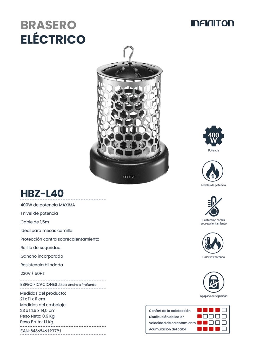Brasero eléctrico Infiniton HBZ-10 900W 2 niveles de temperatura gris  oscuro