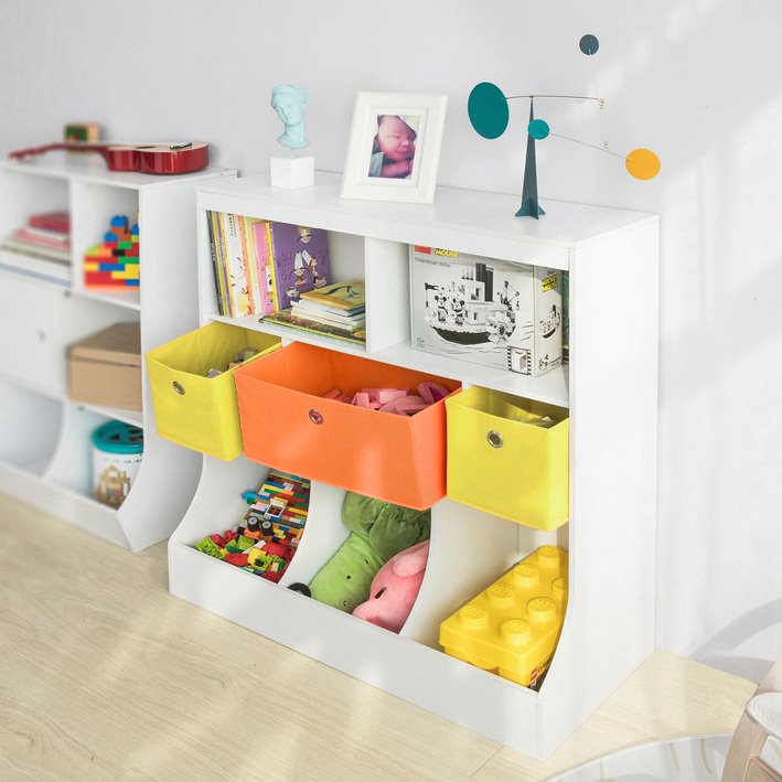 Mueble con cajones de tela para almacenar juguetes