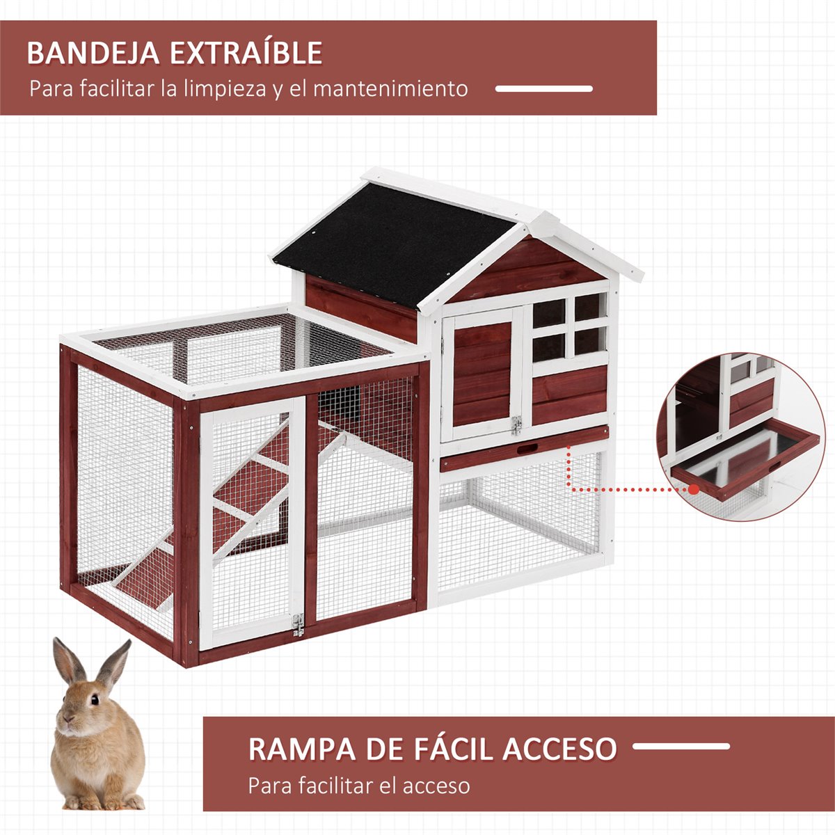 Conejera para interiores – Conejera para conejos al aire libre, jaula  grande para conejos para interiores, con ruedas, rampa, techo de asfalto