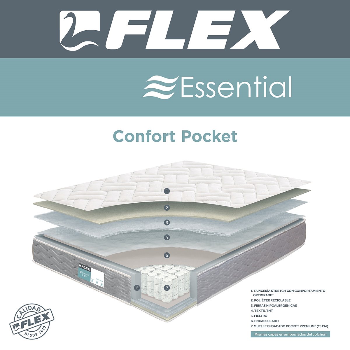 Colchón de Muelle Ensacado Pocket Premium® y Viscoelástica FLEX Hamal 90x190  cm