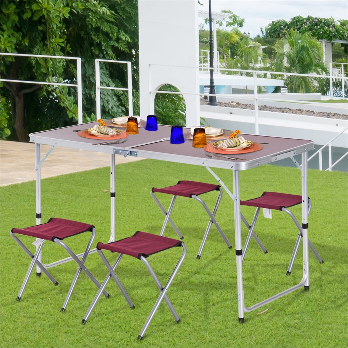 Mesa plegable con 4 sillas, mesa de campamento portátil para interiores y  exteriores, mesa de comedor de altura ajustable con mango portátil para