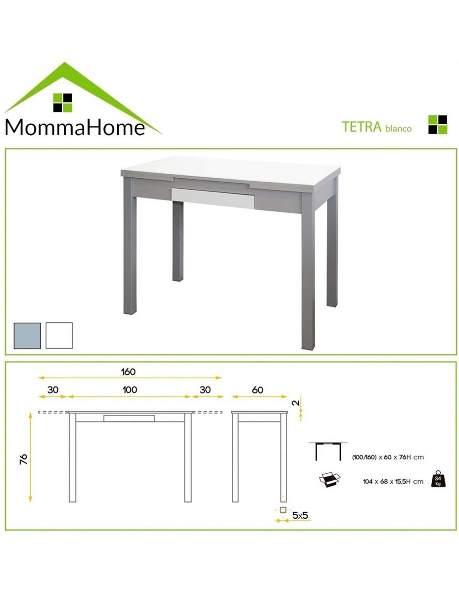 Mesa de Cocina Rectangular Extensible - Modelo TETRA - Sobre Cristal + MDF  Gris - Patas Metal