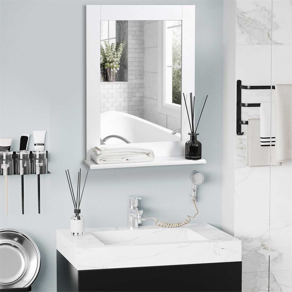  Espejo redondo montado en la pared, espejo de almacenamiento  para baño, armario de baño, espejo de tocador con estante espejo de baño :  Hogar y Cocina