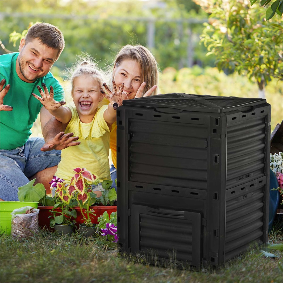 Outsunny Compostador Capacidad de 300L Compostera Orgánica para Producción  Abono de Jardín Exterior con 48 Respiraderos 60,5x60,5x81,5 cm Negro -  Conforama