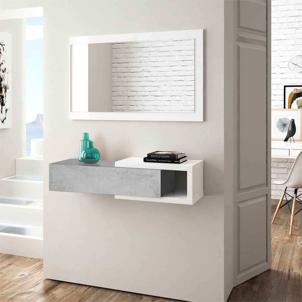 Mueble recibidor colgante con espejo y cajon color blanco y roble estilo  moderno