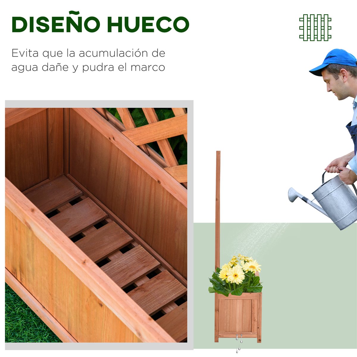 Outsunny Jardinera de Pared de Madera con Enrejado y 3 Macetas Móviles para  Jardín Terraza Patio 60x16x80 cm Natural