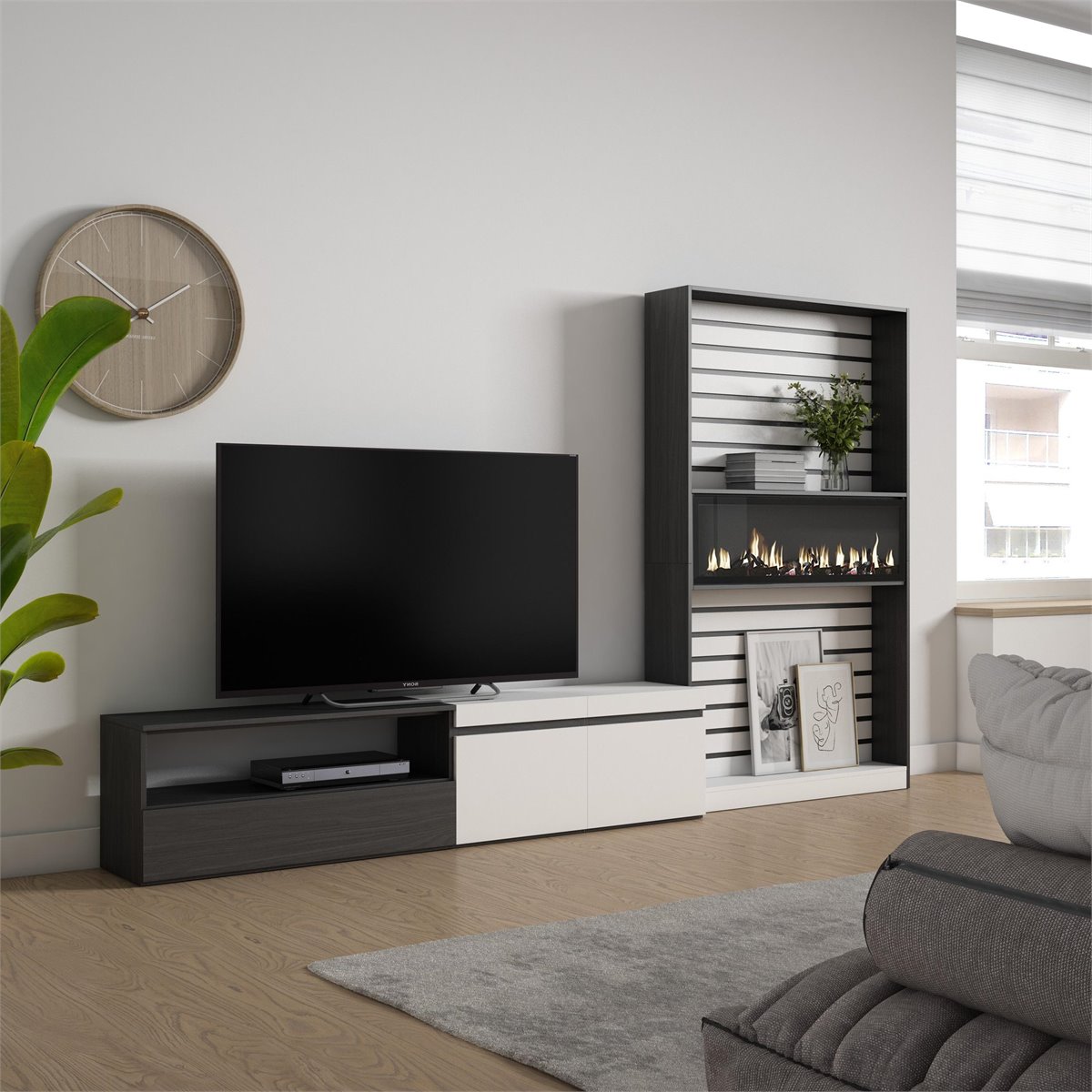 Mueble TV, Televisión, Chimenea eléctrica LED, Tall, Industrial