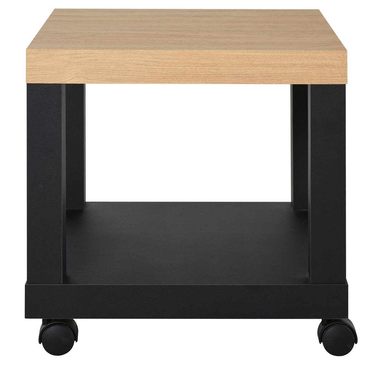 HOMCOM Mesa Lateral para Sofá Mesa de Centro para Salón o Mesita de Noche  Multifuncional y con Estante Abierto de Almacenaje con Ruedas 40x40x40 cm  Negro y Natural