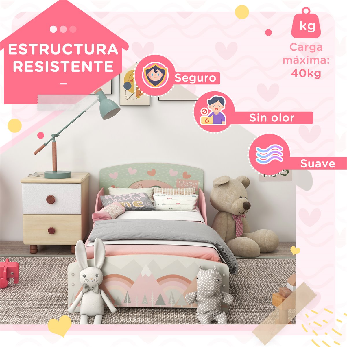Cama infantil Happy Rosado Colección con cajón y colchón