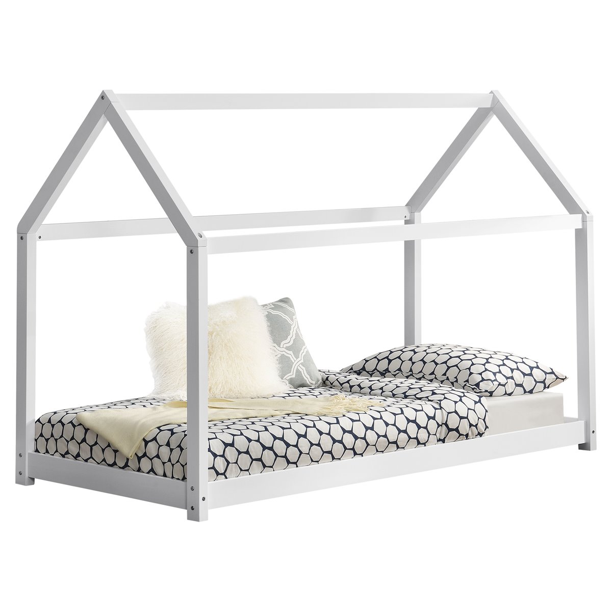 Cama de casa con luz, marco de cama Montessori de tamaño individual para  niños con rieles, cama de madera con estantes para niños y niñas, gris