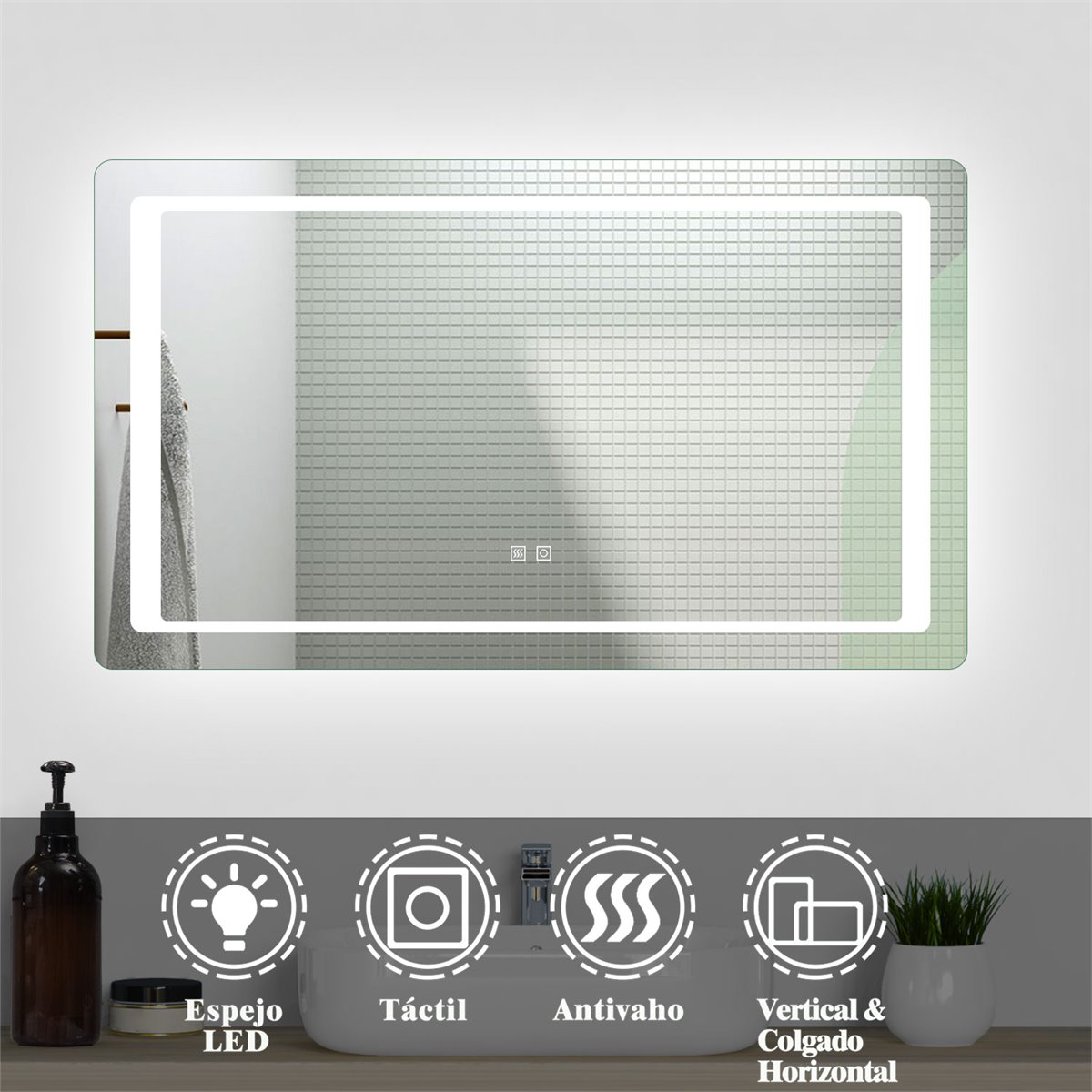 Espejo de baño LED 12070cm antivaho interruptor táctil AICA