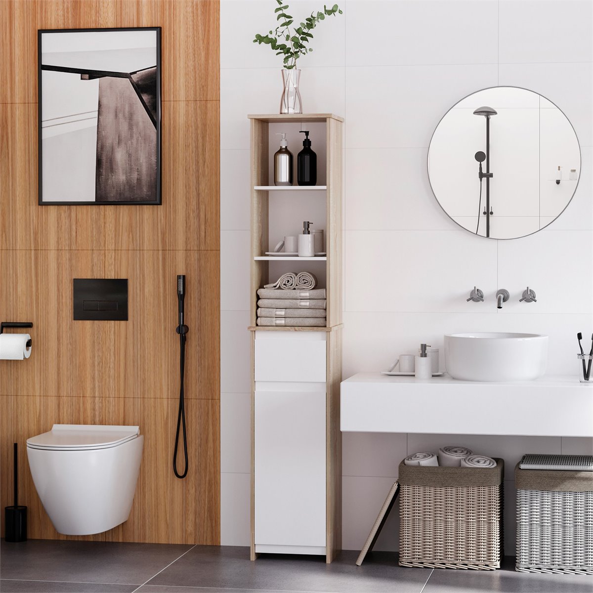 Armario alto para baño con espejo kleankin 30x28x180 cm blanco