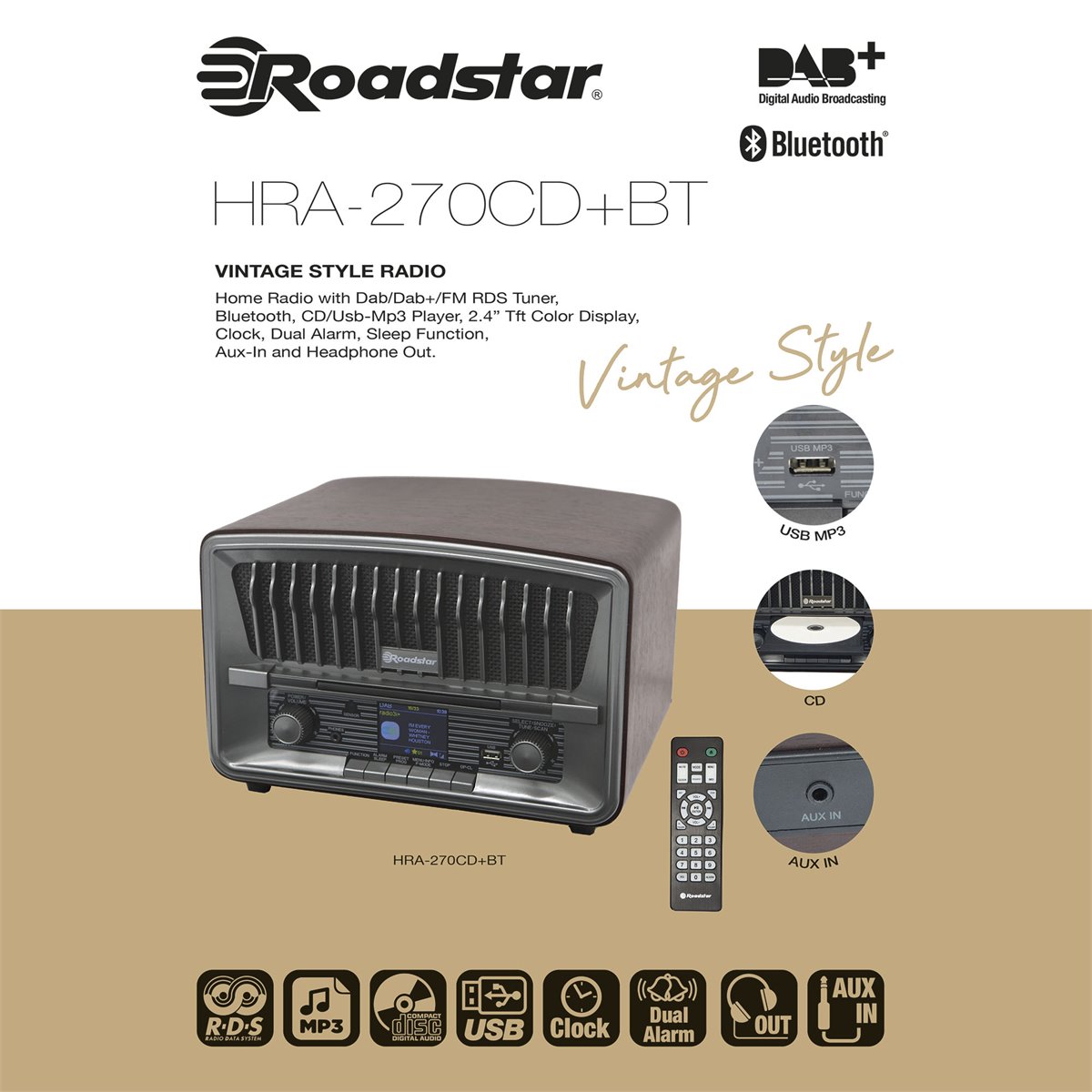 Roadstar HRA-270CD+BT Microcadena Vintage CD/Bluetooth/AUX/USB Negro