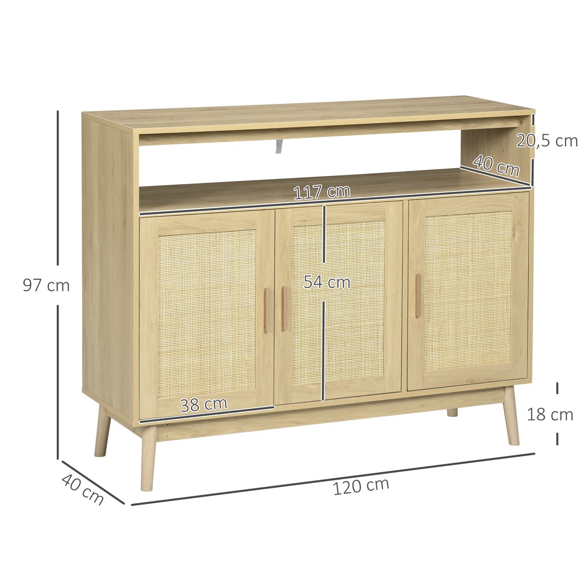 HOMCOM Aparador para Salón Armario Auxiliar con 2 Puertas de Vidrio 3  Cajones Estante Ajustable para Cocina 120x40x70 cm Blanco