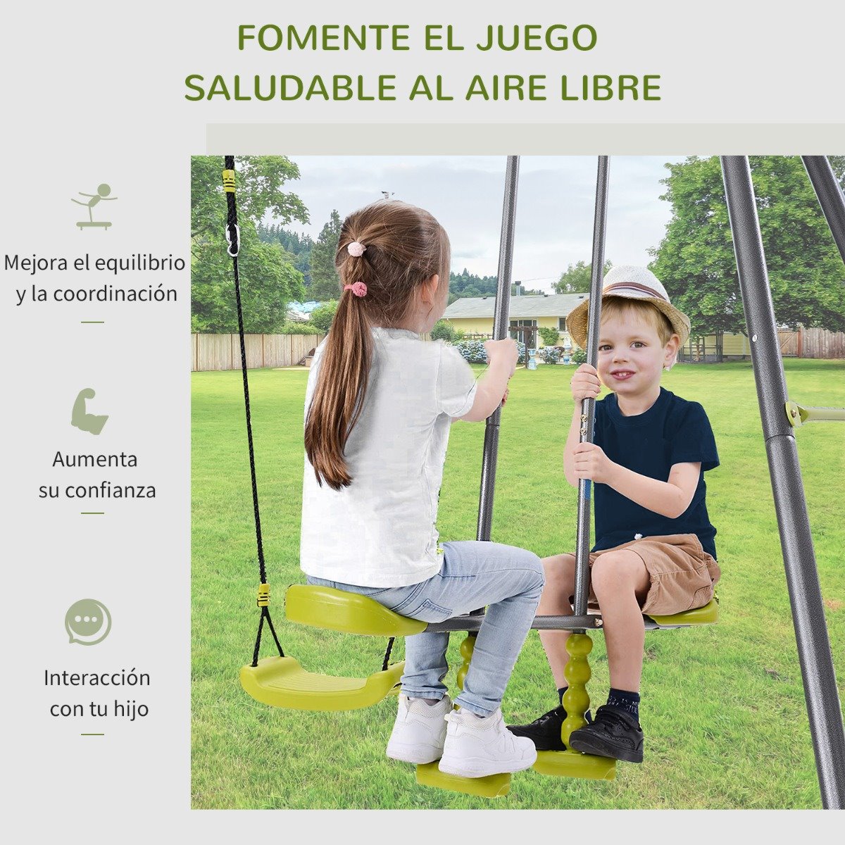 HOMCOM Set de Columpio Infantil al Aire Libre con Columpio y Balancín Doble  Plaza Juguetes Exterior Adecuado para +3 Años 245x138x180cm Verde y Gris -  Conforama